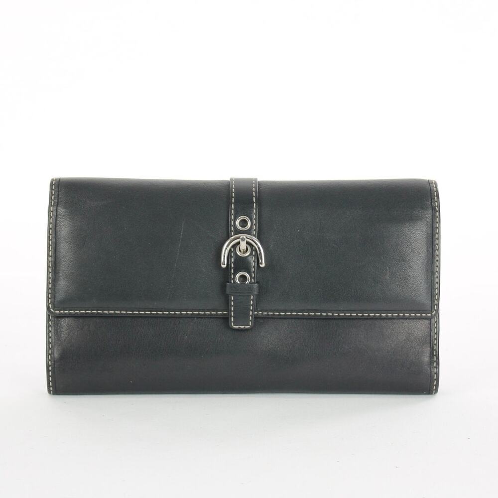 Coach Vintage Black Leather Silver Buckle Trifold Checkbook Wallet